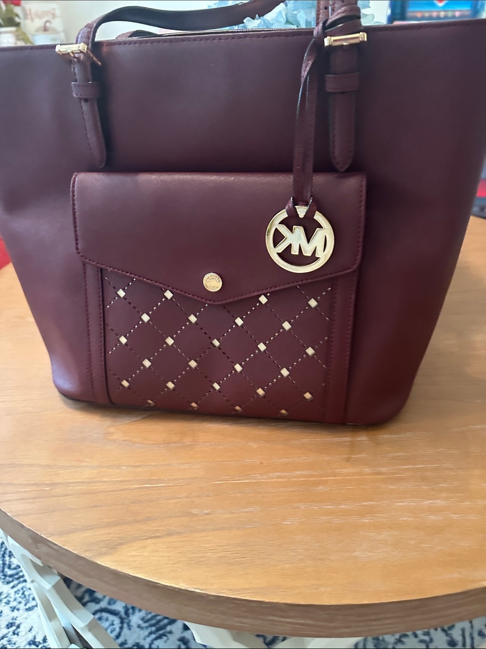 Michael Kors Quilted Front Pocket Tote in Burgundy with Gold Hardware